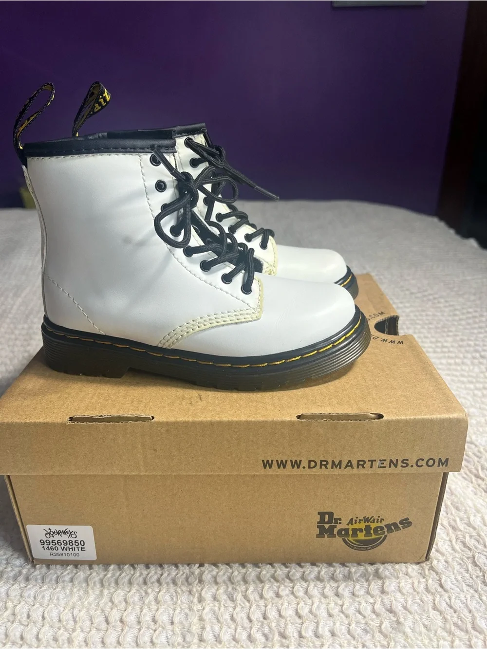 Dr. Martens Kids White Leather Lace-Up Boots with Black Laces
